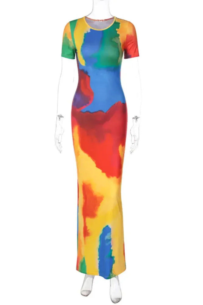 KAVAW - Short Sleeve Tie Dye Print Maxi Dress