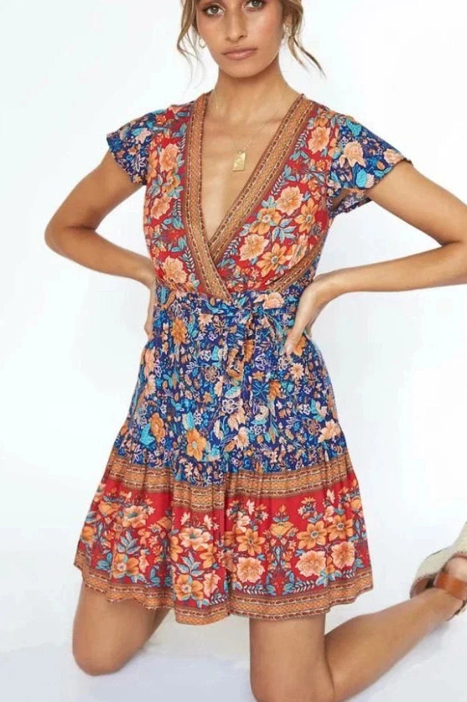 KAVAW - V-neck Rayon Floral Boho Mini Dress