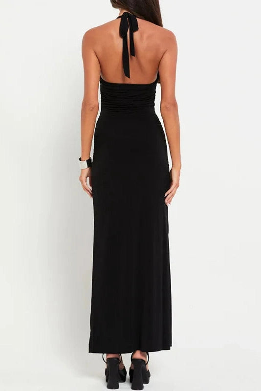 KAVAW - Hollow Out Bow Halter Bodycon Maxi Dress