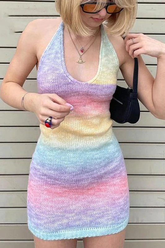 KAVAW - V-Neck Tie-Dye Knitted Mini Dress