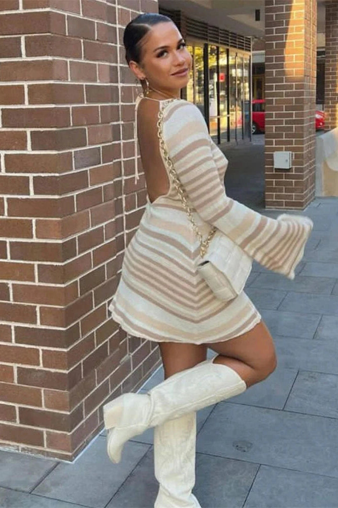 KAVAW - Backless Striped Knitwear Mini Dress