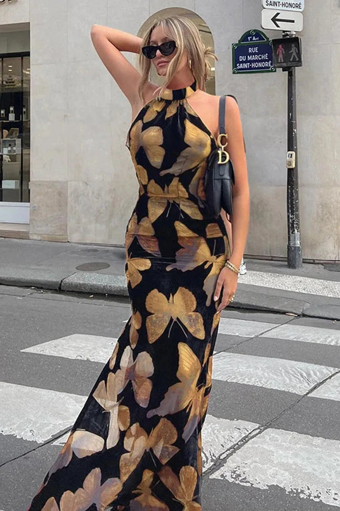 KAVAW - Printed Strap Backless Maxi Dress