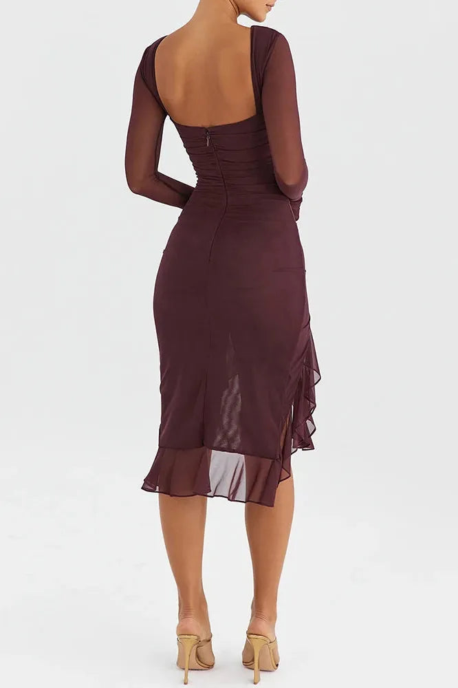 KAVAW - Elegant Ruffle Ruched Midi Dress