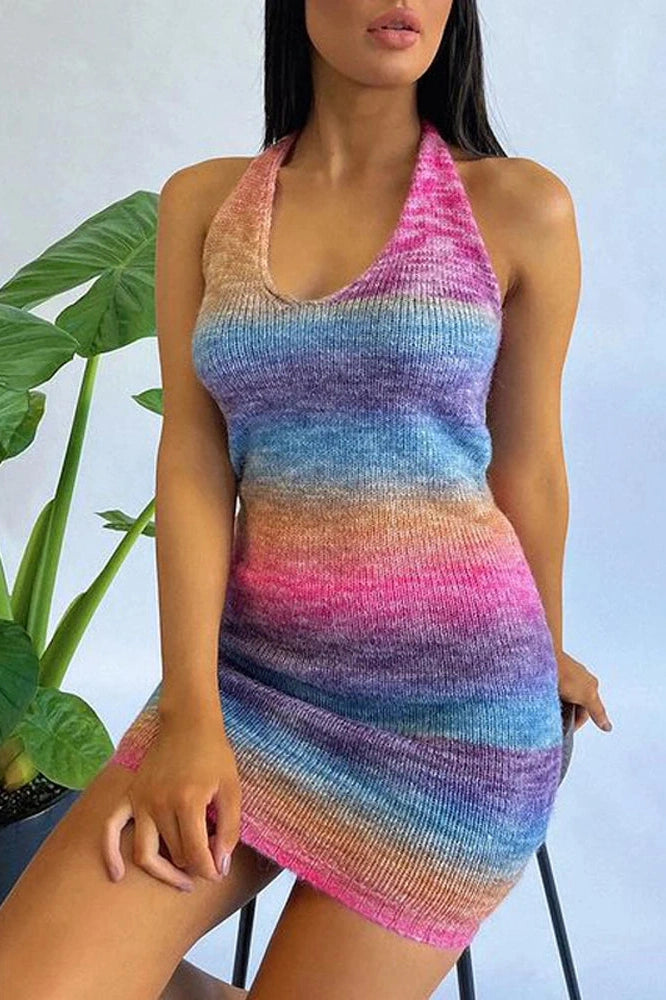 KAVAW - V-Neck Tie-Dye Knitted Mini Dress