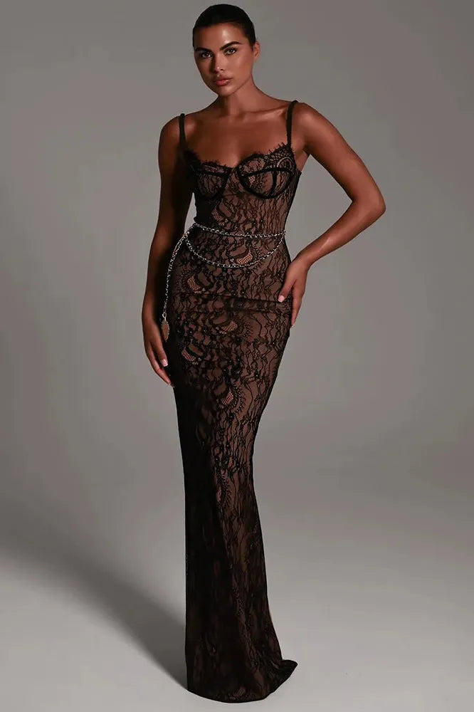 KAVAW - Elegant Lace Print Maxi Dress