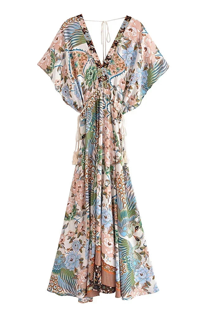 KAVAW - Peacock Floral Bat Sleeve Maxi Dress