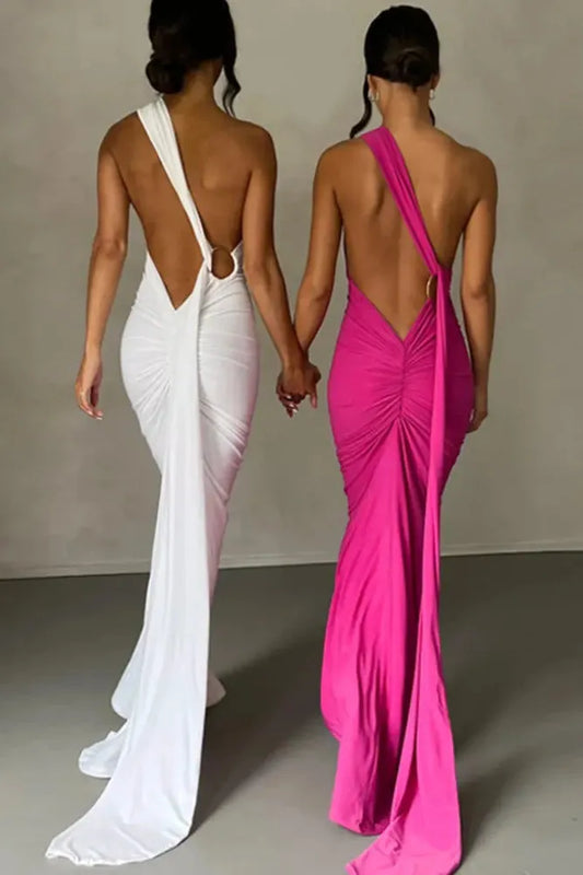 KAVAW - Oblique Shoulder Backless Maxi Dress