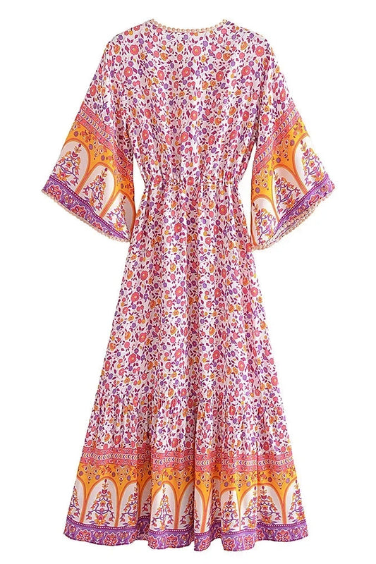 KAVAW - Batwing Sleeve Floral Boho Maxi Dress