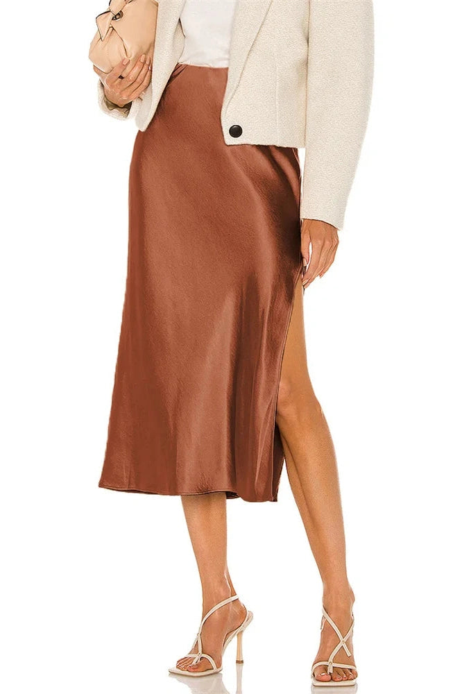 KAVAW - High Waist Satin Patchwork Midi Skirt Dress