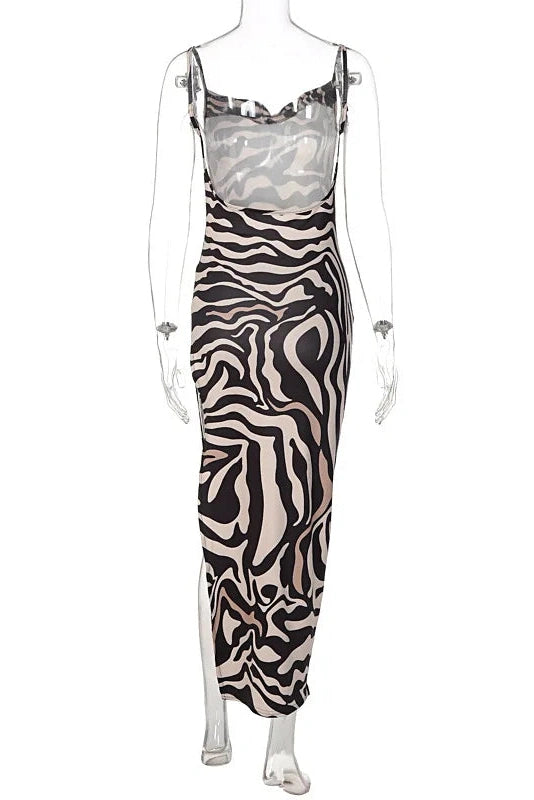 KAVAW - Leopard Zebra Print Strap Maxi Dress