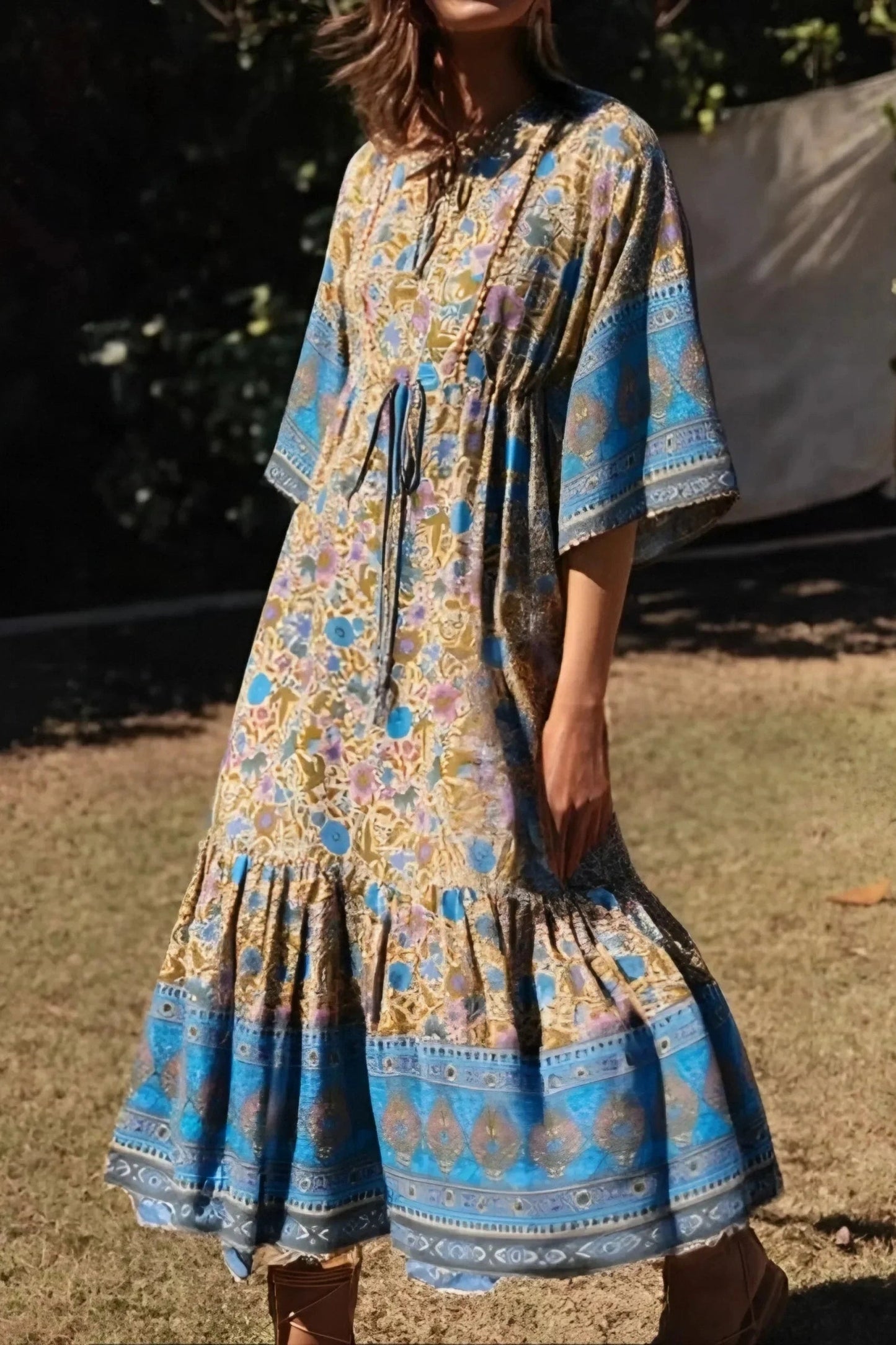 KAVAW - Floral Batwing Sleeve Boho Maxi Dress