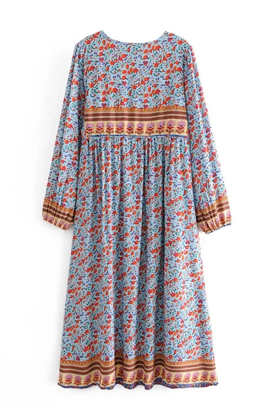 KAVAW - Tie Neck Ethnic Floral Maxi Dress