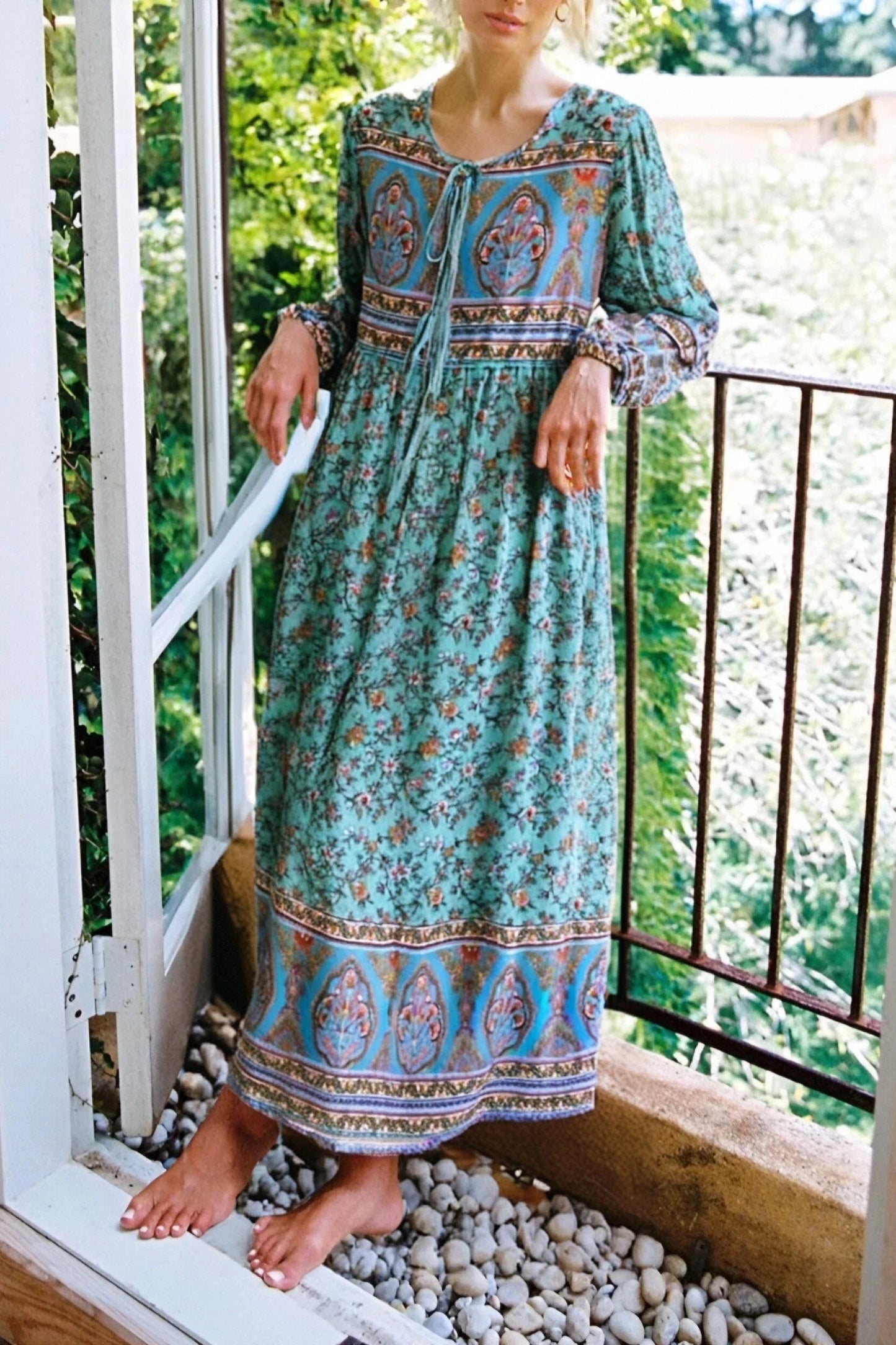 KAVAW - Long Sleeve Tie Neck Ethnic Floral Maxi Dress