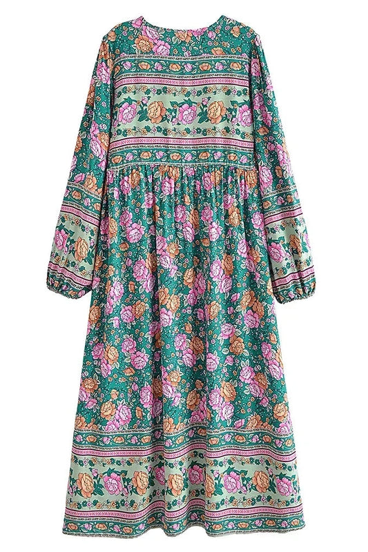 KAVAW - Long Sleeve Tie Neck Ethnic Floral Maxi Dress