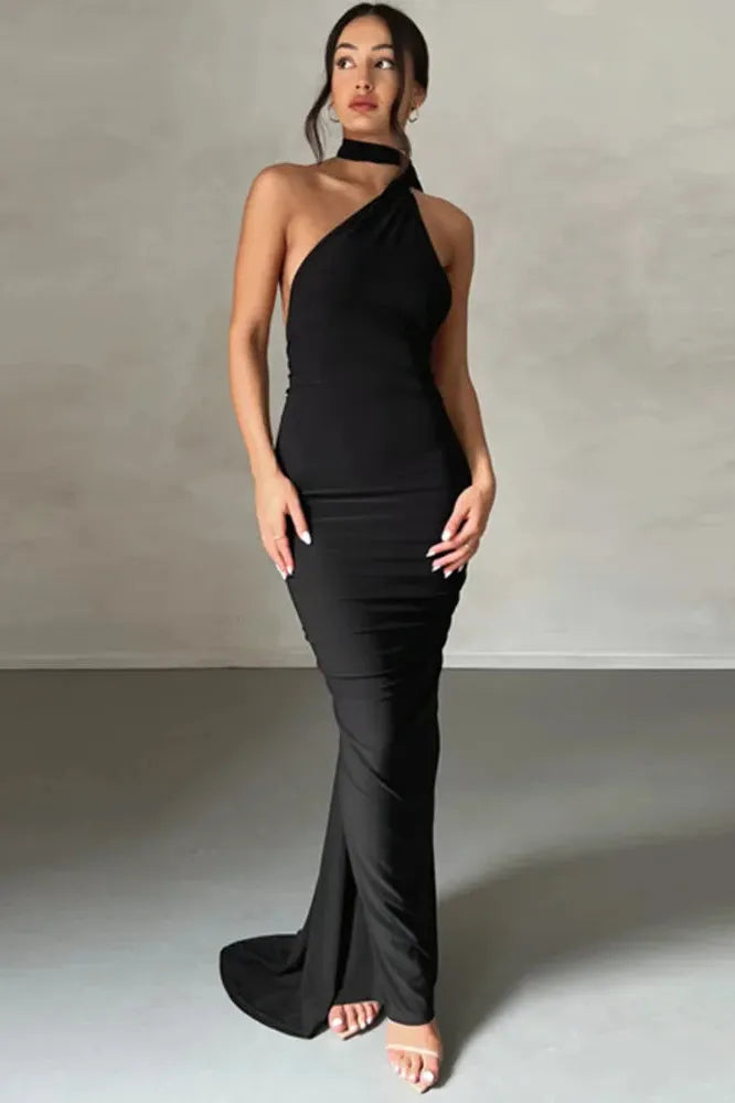 KAVAW - Oblique Shoulder Backless Maxi Dress