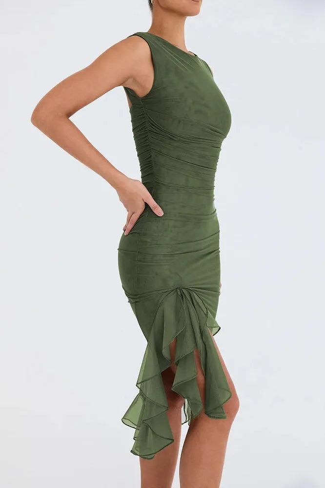 KAVAW - Elegant Ruffle Ruched Midi Dress