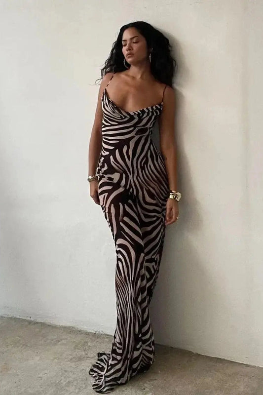 KAVAW - Leopard Zebra Print Strap Maxi Dress