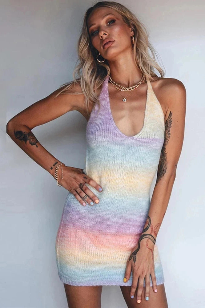 KAVAW - V-Neck Tie-Dye Knitted Mini Dress