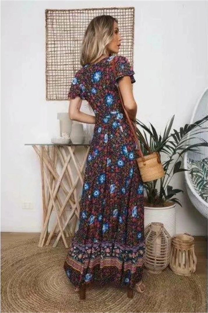 KAVAW - Bat Sleeve Floral Maxi Dress