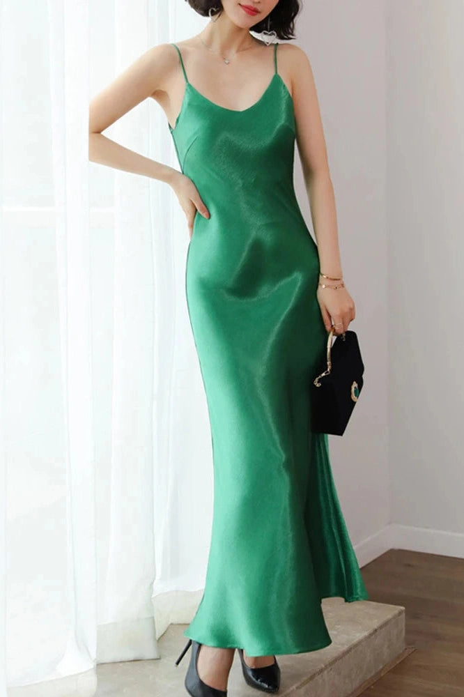 KAVAW - V Neck Satin Maxi Dress